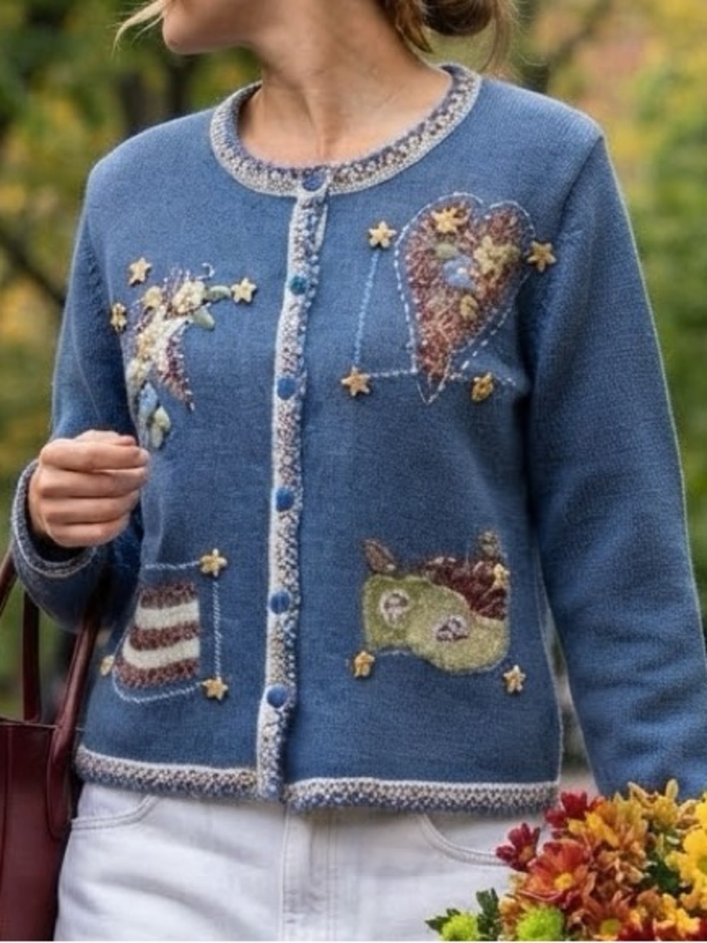 Vintage Embroidered Heart Apple Blue Christopher & Banks Cardigan L Coastal